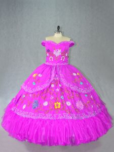 Fuchsia Ball Gowns Embroidery Vestidos de Quinceanera Lace Up Satin Sleeveless Floor Length