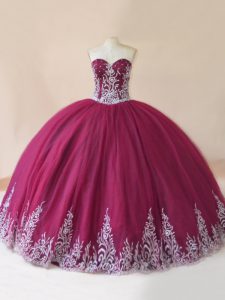Floor Length Lace Up Ball Gown Prom Dress Burgundy for Sweet 16 and Quinceanera with Embroidery