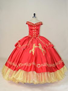 Chic Sleeveless Satin and Organza Floor Length Lace Up Vestidos de Quinceanera in Red with Embroidery