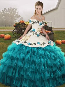 Ball Gowns 15 Quinceanera Dress Teal Off The Shoulder Organza Sleeveless Floor Length Lace Up
