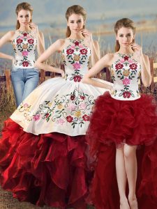 Dazzling White And Red Halter Top Neckline Embroidery and Ruffles Quinceanera Dresses Sleeveless Lace Up