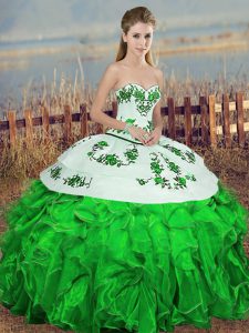 High Quality Green Organza Lace Up Sweet 16 Quinceanera Dress Sleeveless Floor Length Embroidery and Ruffles and Bowknot