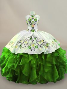 Sweet Green Ball Gowns Embroidery 15th Birthday Dress Lace Up Organza Sleeveless Floor Length