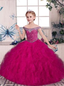 Fuchsia Lace Up Girls Pageant Dresses Beading and Ruffles Sleeveless Floor Length