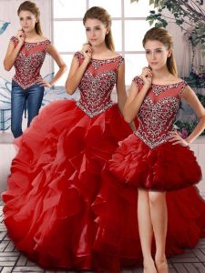 Deluxe Floor Length Red Quinceanera Dress Organza Sleeveless Beading and Ruffles