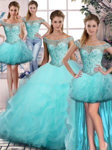 Flare Tulle Sleeveless Floor Length Vestidos de Quinceanera and Beading and Ruffles
