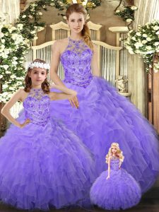 Smart Sleeveless Tulle Floor Length Lace Up Quinceanera Dress in Lavender with Beading and Ruffles