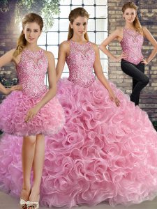 Sleeveless Fabric With Rolling Flowers Floor Length Lace Up 15th Birthday Dress in Rose Pink with Beading