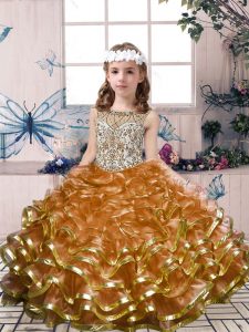 Brown Scoop Neckline Beading and Ruffles Little Girls Pageant Dress Sleeveless Lace Up