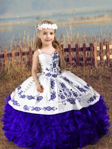 Glorious Purple Straps Neckline Embroidery and Ruffles Little Girls Pageant Gowns Sleeveless Lace Up