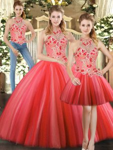 Pretty Red Tulle Lace Up Sweet 16 Dress Sleeveless Floor Length Embroidery