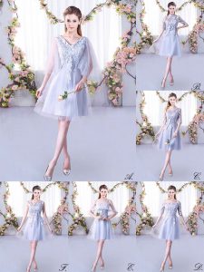 Mini Length Lace Up Damas Dress Grey for Wedding Party with Lace