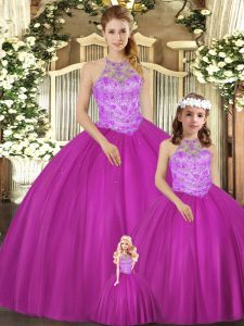 Top Selling Floor Length Fuchsia Ball Gown Prom Dress Tulle Sleeveless Beading