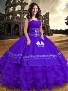 Fantastic Purple Strapless Lace Up Embroidery and Ruffles Quinceanera Dresses Sleeveless