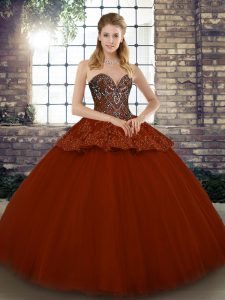 Rust Red Ball Gowns Tulle Sweetheart Sleeveless Beading and Appliques Floor Length Lace Up Sweet 16 Quinceanera Dress