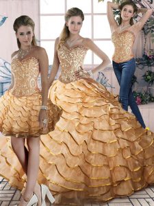 Three Pieces Sleeveless Gold Sweet 16 Dress Brush Train Lace Up