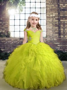Custom Fit Straps Sleeveless Lace Up Kids Formal Wear Yellow Green Tulle