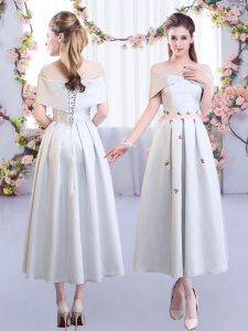 Silver Empire Satin Scoop Short Sleeves Appliques Tea Length Lace Up Quinceanera Court of Honor Dress