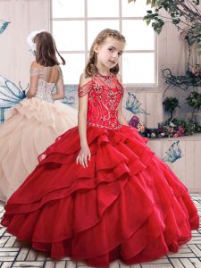 Sleeveless Organza Floor Length Lace Up Little Girl Pageant Gowns in Red with Beading and Ruffled Layers
