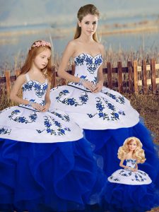Pretty Royal Blue Sleeveless Embroidery and Ruffles and Bowknot Floor Length 15 Quinceanera Dress