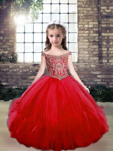 Custom Made Red Off The Shoulder Lace Up Beading Girls Pageant Dresses Sleeveless