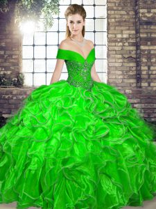 Superior Sleeveless Floor Length Beading and Ruffles Lace Up 15th Birthday Dress with Green