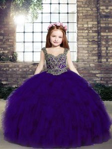 Admirable Sleeveless Floor Length Beading Lace Up Kids Pageant Dress with Purple