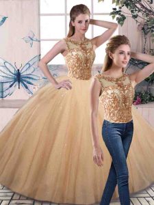 Tulle Scoop Sleeveless Lace Up Beading Sweet 16 Dress in Gold
