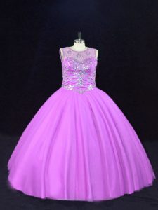 Enchanting Lilac Ball Gowns Scoop Sleeveless Tulle Floor Length Lace Up Beading Sweet 16 Dress