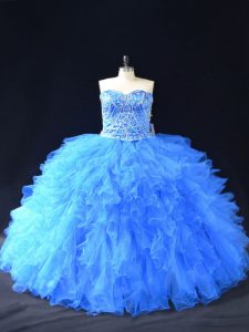 Gorgeous Blue Ball Gowns Beading and Ruffles 15th Birthday Dress Lace Up Organza Sleeveless Floor Length