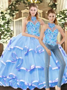 Captivating Halter Top Sleeveless Lace Up Quinceanera Dresses Blue Organza