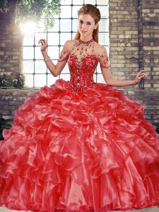 Luxurious Halter Top Sleeveless Organza Quinceanera Gowns Beading and Ruffles Lace Up