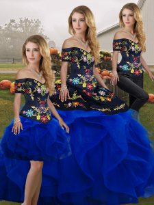 Off The Shoulder Sleeveless Quinceanera Dress Floor Length Embroidery and Ruffles Royal Blue Tulle