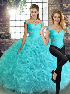 New Style Off The Shoulder Sleeveless Lace Up Quinceanera Dresses Aqua Blue Fabric With Rolling Flowers