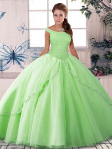 Hot Sale Tulle Lace Up Sweet 16 Quinceanera Dress Sleeveless Brush Train Beading