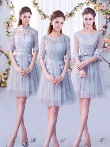 Grey Scoop Neckline Lace Dama Dress for Quinceanera Half Sleeves Lace Up