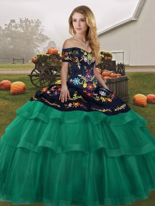 Customized Green Off The Shoulder Lace Up Embroidery and Ruffled Layers Sweet 16 Dresses Brush Train Sleeveless