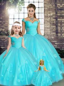 Top Selling Aqua Blue Lace Up Off The Shoulder Beading and Appliques Quinceanera Dresses Tulle Sleeveless