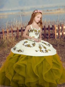 Sleeveless Floor Length Lace Up Little Girls Pageant Dress Wholesale in Olive Green with Embroidery and Ruffles