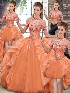 Luxurious Orange Ball Gowns Organza Halter Top Sleeveless Beading and Ruffles Floor Length Lace Up Quinceanera Dress