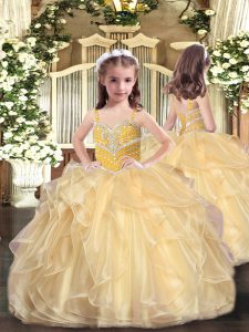Gold Sleeveless Organza Lace Up Little Girls Pageant Dress Wholesale for Party and Wedding Party