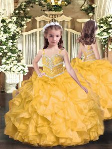 Top Selling Floor Length Gold Girls Pageant Dresses Organza Sleeveless Beading and Ruffles