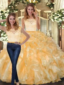 Graceful Gold Sleeveless Organza Clasp Handle Quinceanera Dresses for Military Ball and Sweet 16 and Quinceanera