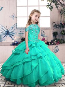 Beauteous Floor Length Ball Gowns Sleeveless Turquoise Kids Formal Wear Lace Up