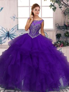 Purple Organza Zipper Quinceanera Dress Sleeveless Floor Length Beading and Ruffles