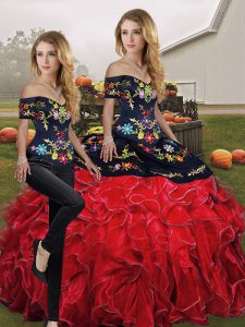 Red And Black Off The Shoulder Neckline Embroidery and Ruffles Quinceanera Gown Sleeveless Lace Up