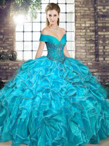 Comfortable Aqua Blue Organza Lace Up Off The Shoulder Sleeveless Floor Length Quince Ball Gowns Beading and Ruffles