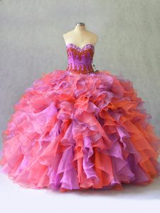 Top Selling Multi-color Lace Up Sweetheart Beading and Ruffles Sweet 16 Dress Organza Sleeveless
