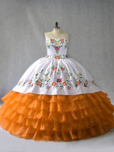 Spectacular Sleeveless Organza Floor Length Lace Up Sweet 16 Dress in Orange with Embroidery and Ruffled Layers