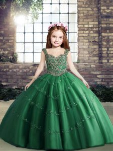 Excellent Dark Green Lace Up Kids Pageant Dress Beading Sleeveless Floor Length